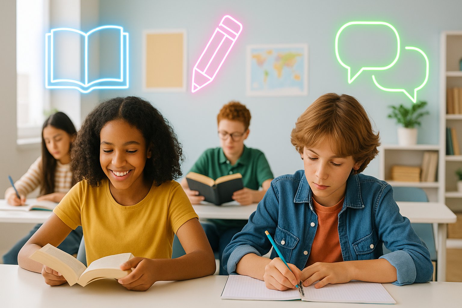 Middle school students rotating through engaging ELA activity stations.