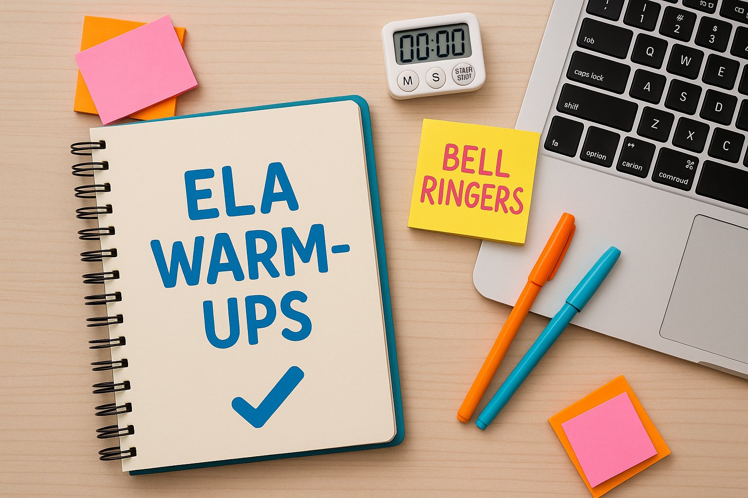 Teacher desk with notebook labeled ELA Warm-Ups and colorful sticky notes for bell ringers.