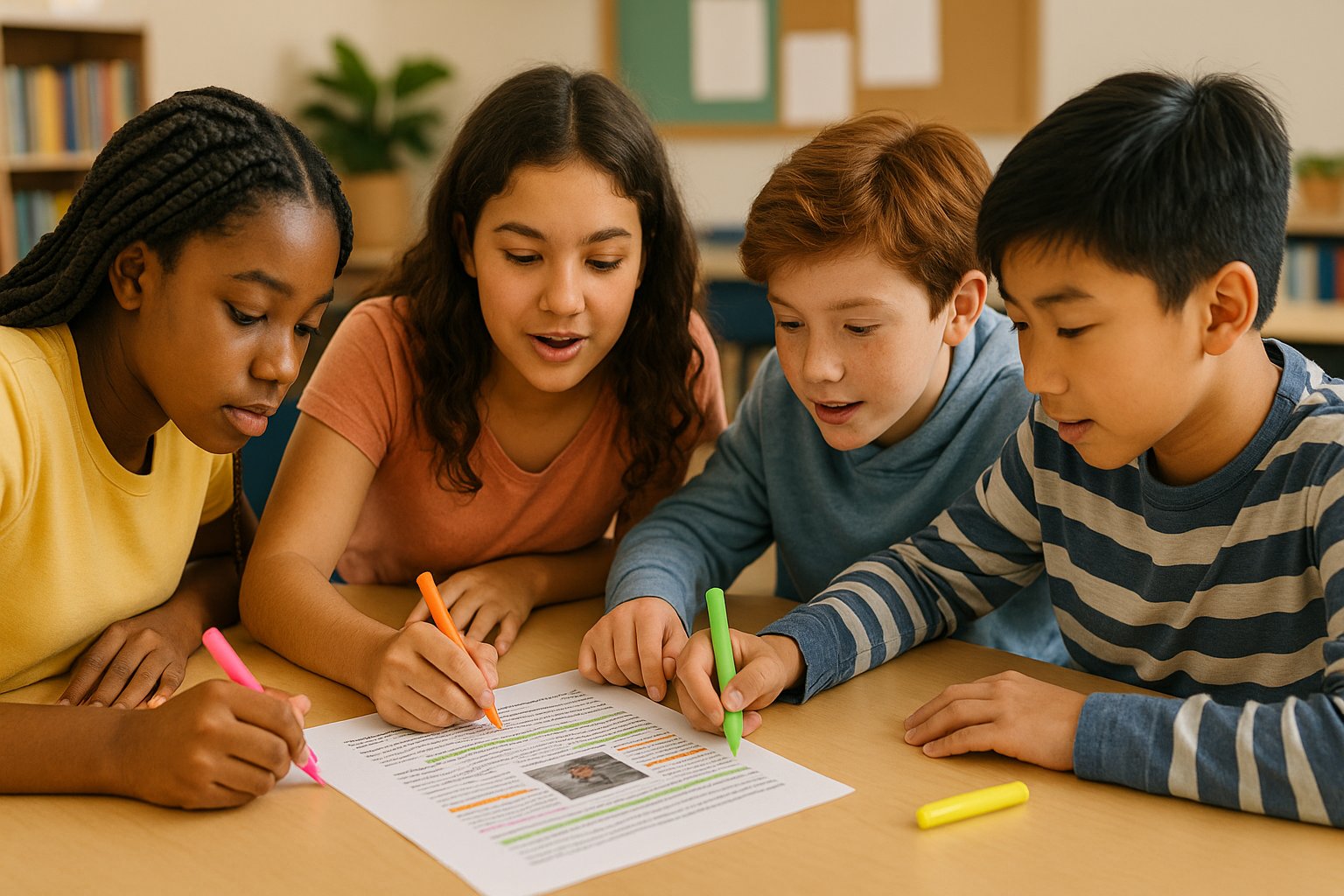 Students highlighting unknown words and context clues in a shared article.