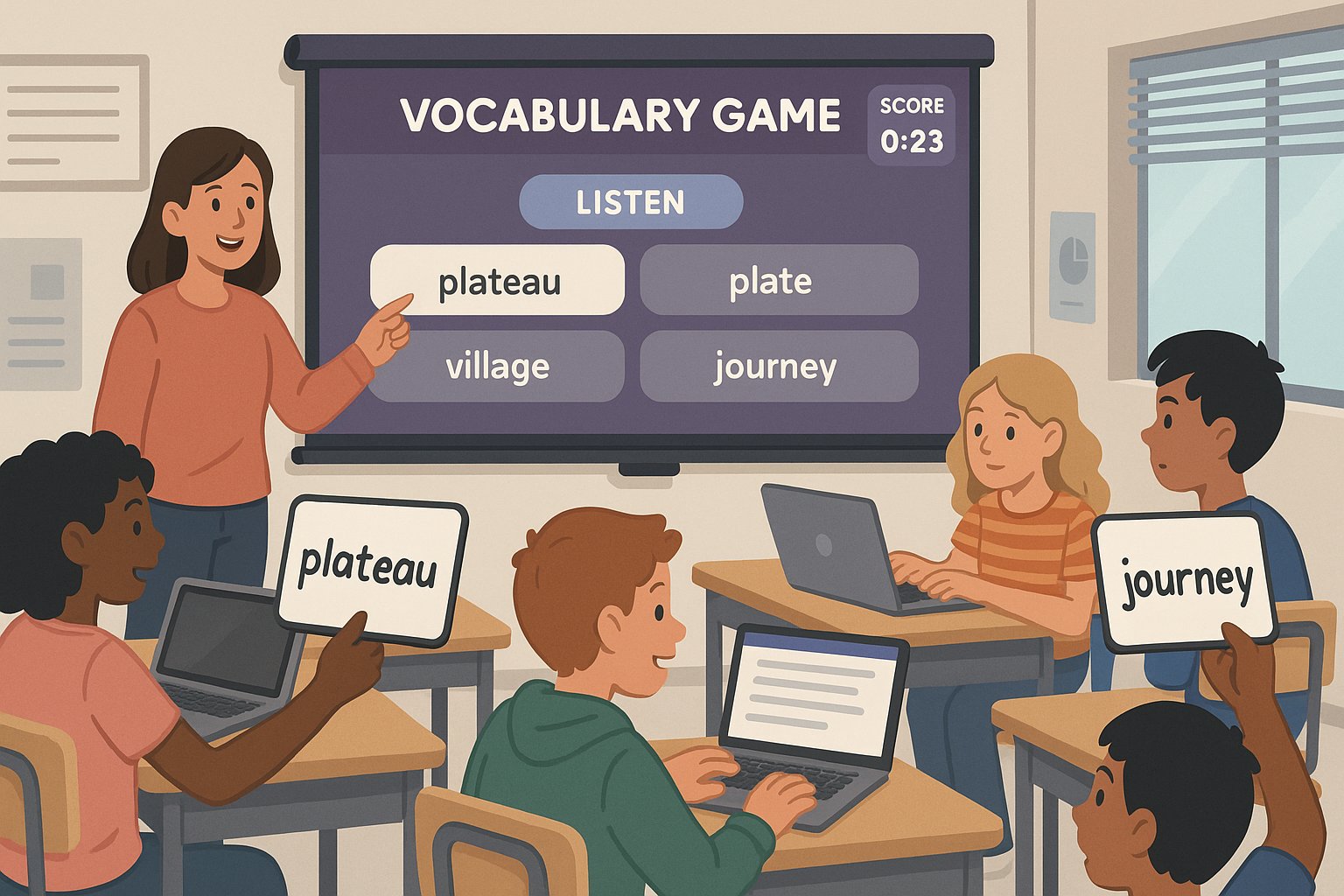 Students using laptops and whiteboards during a vocabulary game in class.