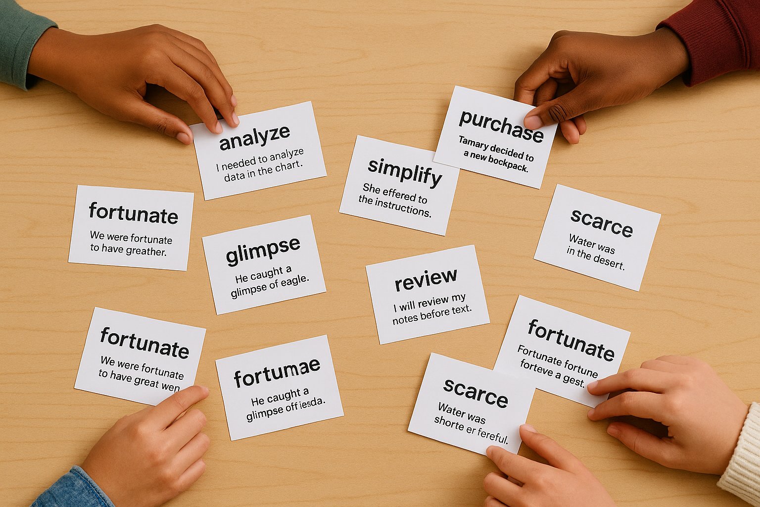 Vocabulary word cards with example sentences on a table.