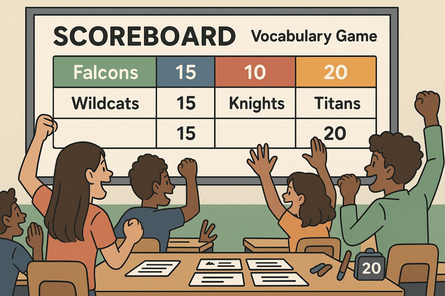 Vocabulary game scoreboard projected in a classroom.