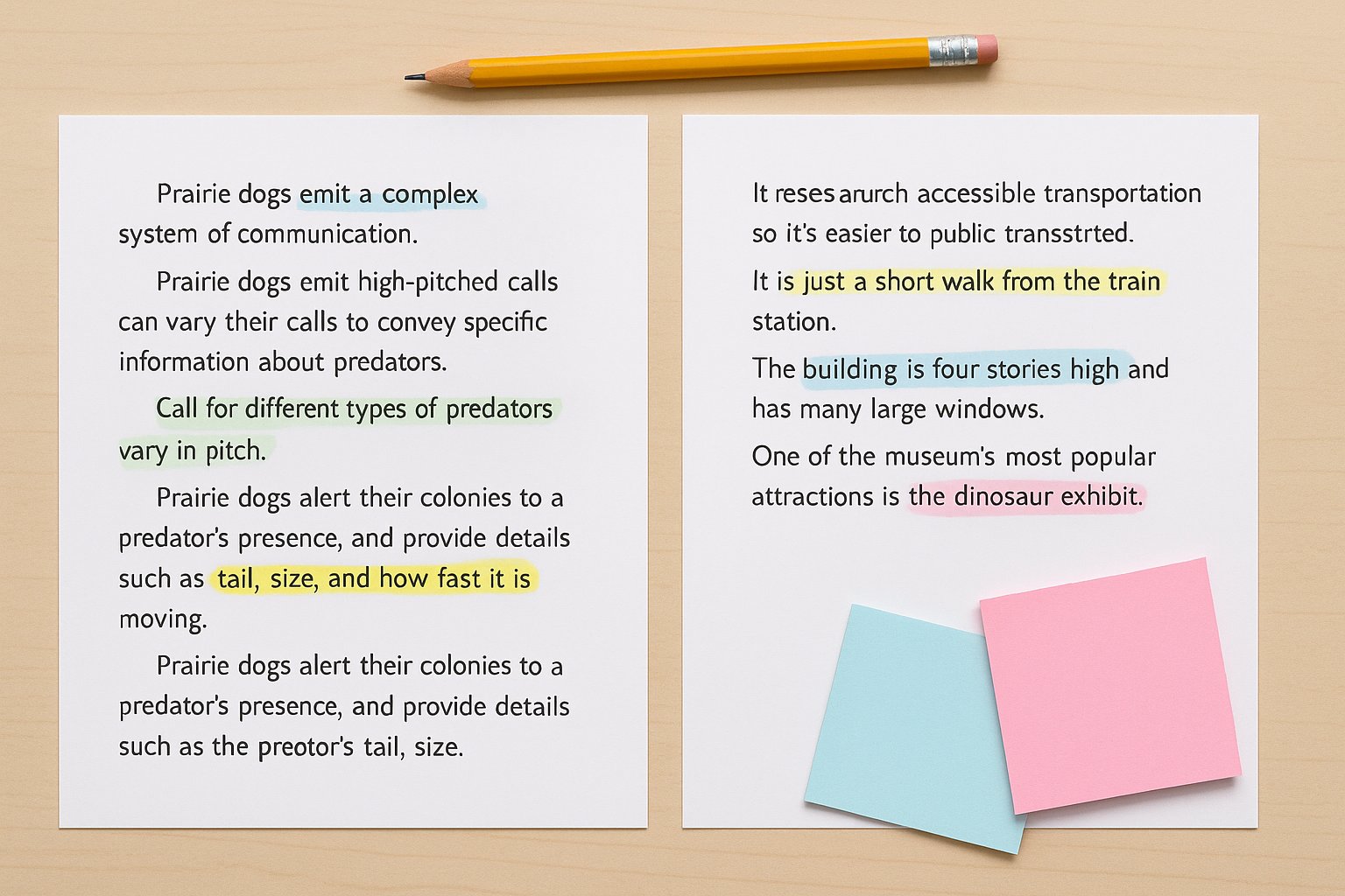 Two highlighted texts side by side on a desk with sticky notes.
