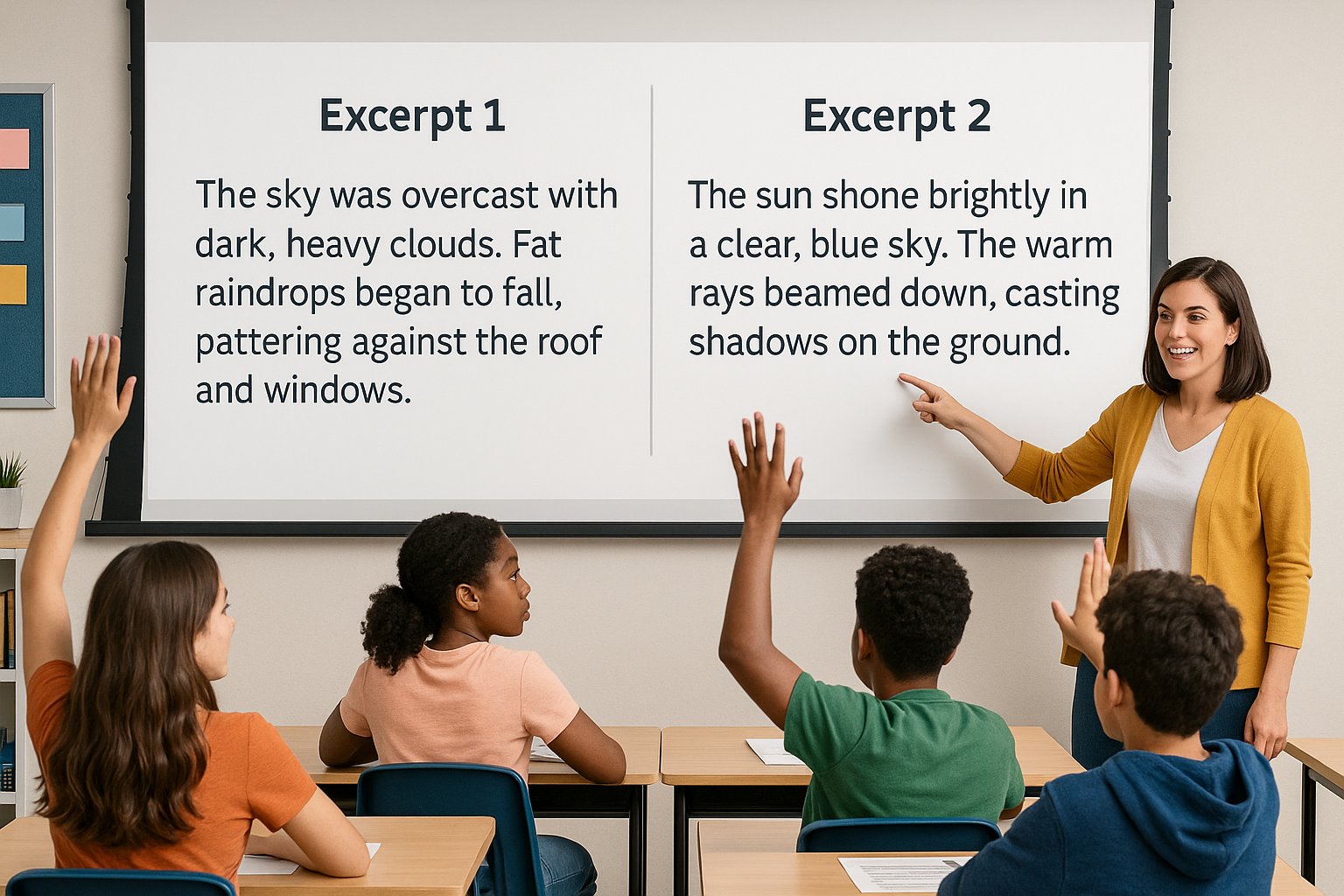 Teacher and students comparing two projected texts.